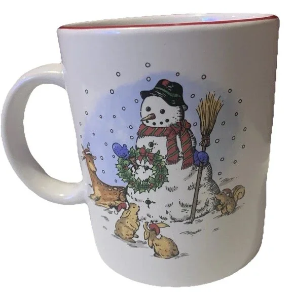 Set of  Two Vintage  Snowman by Salem China Christmas Holiday Red trim Mugs - Picture 2 of 15
